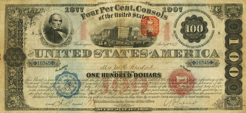 This bond is issued in accordance with the provisions of an act of Congress entitled An act to authorize the refunding of the national debt, approved July 14, 1870, as amended by an act approved January 20, 1871, and is redeemable at the pleasure of the United States, after the 1st day of July, 1907, in coin of the standard value of the United States on said July 14, 1870, with interest in such coin from the day of the date hereof at the rate of 4 per cent. per annum, payable quarterly on the 1st day of October, January, April, and July in each year. The principal and interest are exempt from the payment of all taxes or duties of the United States, as well as from taxation in any form by or under State, municipal, or local authority.